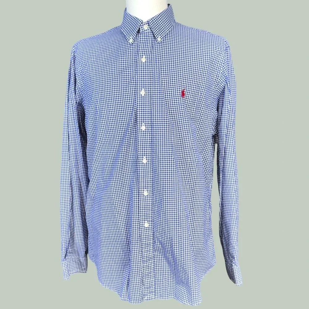 Polo Ralph Lauren Button Down Shirt Men's XL Blue Gingham Excellent Long Sleeve